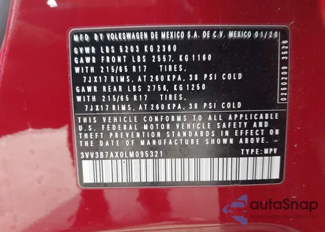 2020 Volkswagen Tiguan 2.0T Se/2.0T Se R-Line Black/2.0T Sel из США, поврежденный, VIN 3VV3B7AX0LM095321